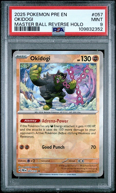 2025 Pokemon Pre En-prismatic Evolutions 057 Okidogi Master Ball Reverse Holo PSA 9