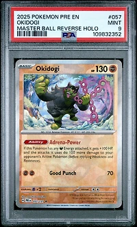 2025 Pokemon Pre En-prismatic Evolutions 057 Okidogi Master Ball Reverse Holo PSA 9
