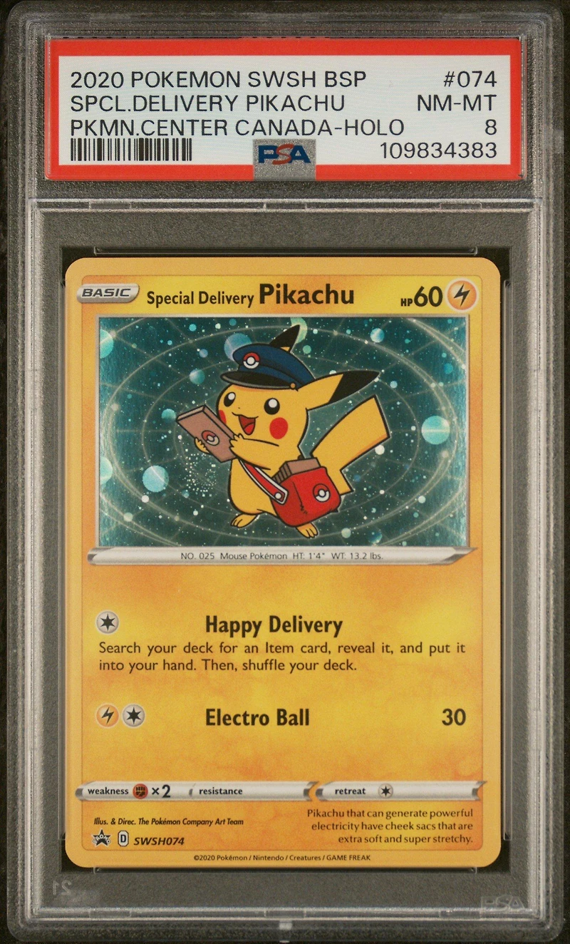2020 Pokemon Swsh Black Star Promo 074 Special Delivery Pikachu-holo Pokemon Center Canada PSA 8