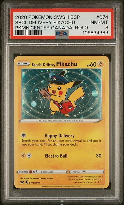 2020 Pokemon Swsh Black Star Promo 074 Special Delivery Pikachu-holo Pokemon Center Canada PSA 8