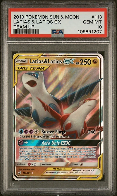 2019 Pokemon Sun & Moon Team Up 113 Latias & Latios Gx PSA
