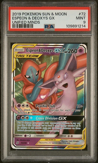 2019 Pokemon Sun & Moon Unified Minds 72 Espeon & Deoxys Gx PSA