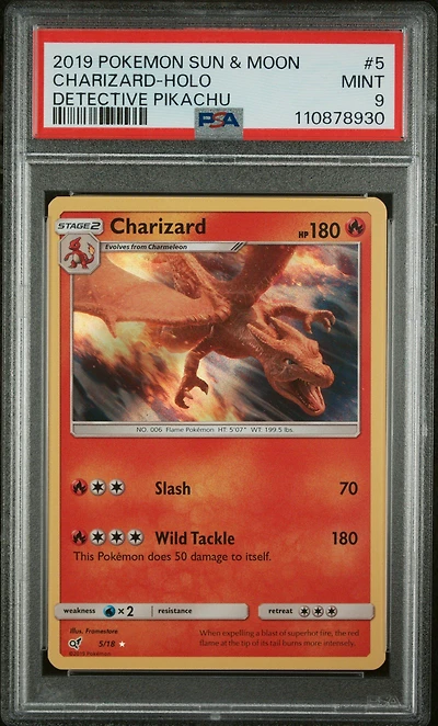 2019 Pokemon Sun & Moon Detective Pikachu 5 Charizard-holo PSA