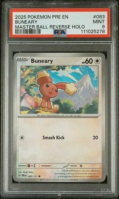 2025 Pokemon Pre En-prismatic Evolutions 083 Buneary Master Ball Reverse Holo PSA 9