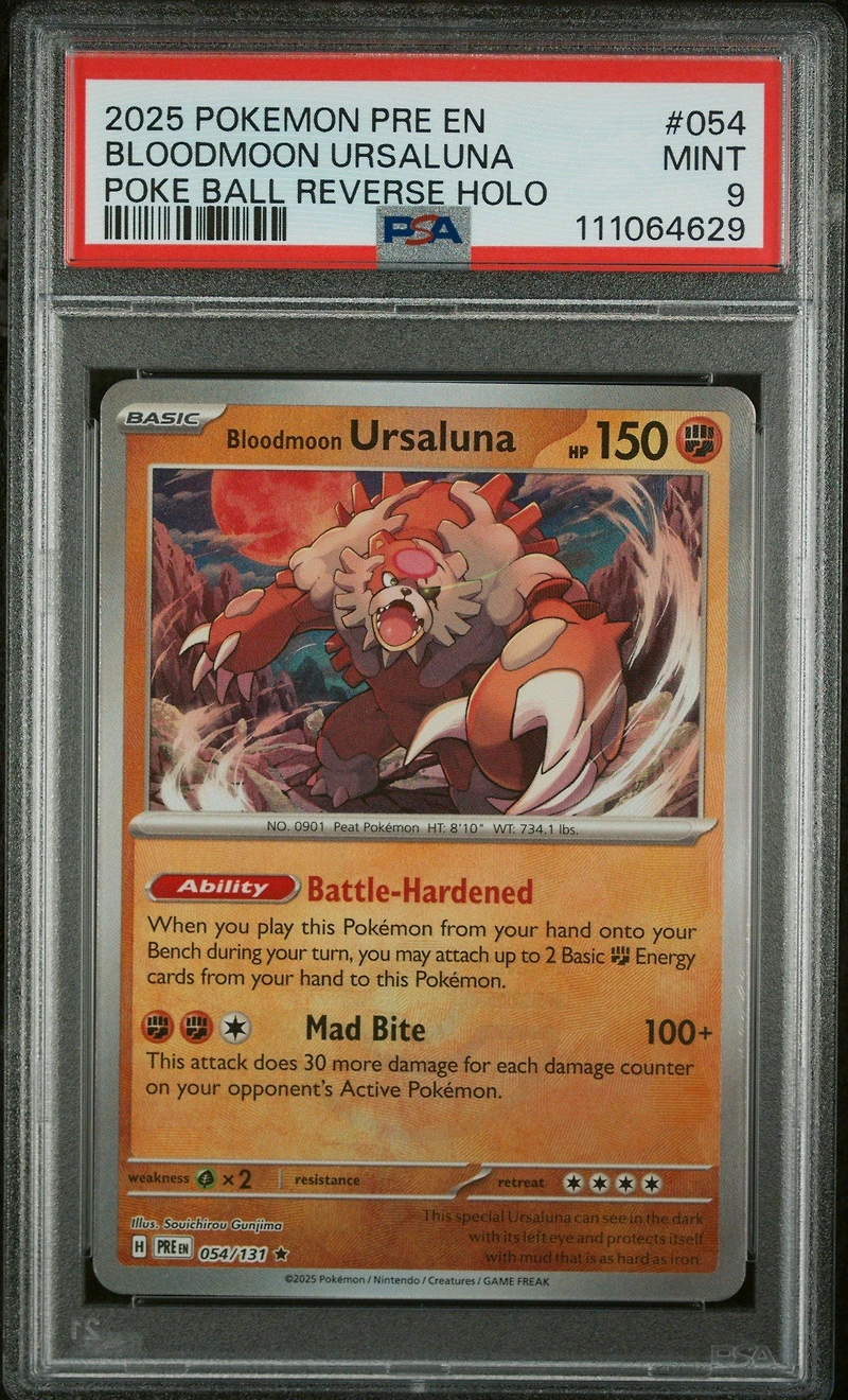 2025 Pokemon Pre En-prismatic Evolutions 054 Bloodmoon Ursaluna Poke Ball Reverse Holo PSA 9