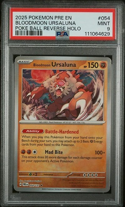 2025 Pokemon Pre En-prismatic Evolutions 054 Bloodmoon Ursaluna Poke Ball Reverse Holo PSA 9