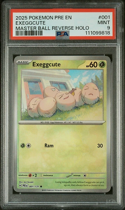 2025 Pokemon Pre En-prismatic Evolutions 001 Exeggcute Master Ball Reverse Holo PSA 9