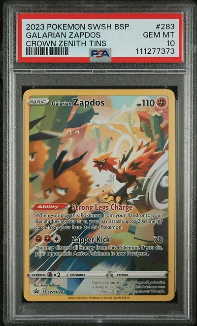 2023 Pokemon Swsh Black Star Promo 283 Galarian Zapdos Crown Zenith Tin PSA 10
