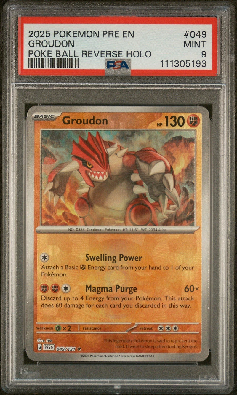 2025 Pokemon Pre En-prismatic Evolutions 049 Groudon Poke Ball Reverse Holo PSA 9