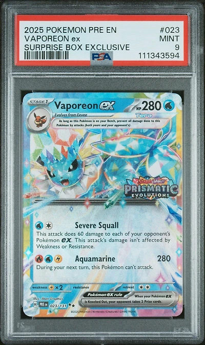2025 Pokemon Pre En-prismatic Evolutions 023 Vaporeon Ex Surprise Box Exclusive PSA