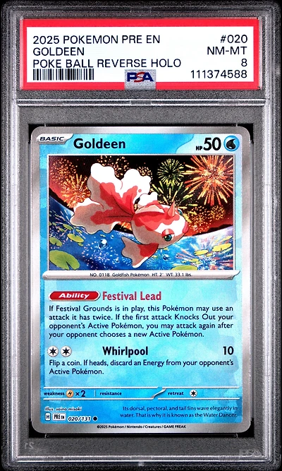 2025 Pokemon Pre En-prismatic Evolutions 020 Goldeen Poke Ball Reverse Holo PSA 8