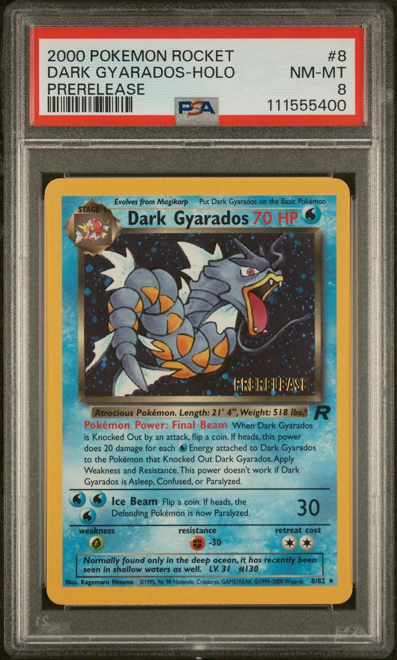 2000 Pokemon Rocket 8 Dark Gyarados-holo Prerelease PSA 8