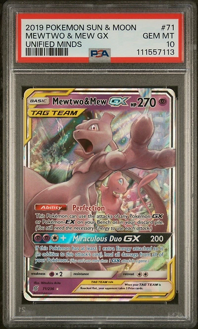 2019 Pokemon Sun & Moon Unified Minds 71 Mewtwo & Mew Gx PSA