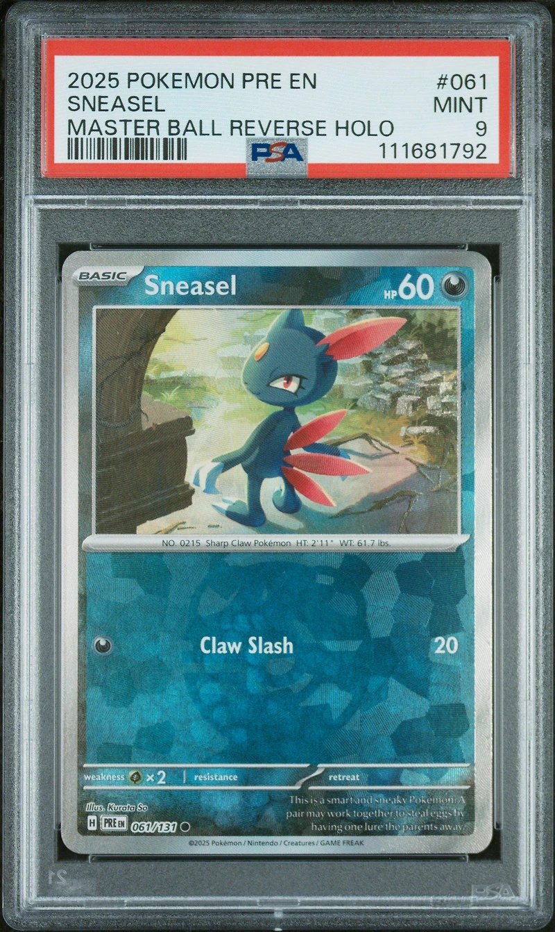 2025 Pokemon Pre En-prismatic Evolutions 061 Sneasel Master Ball Reverse Holo PSA 9