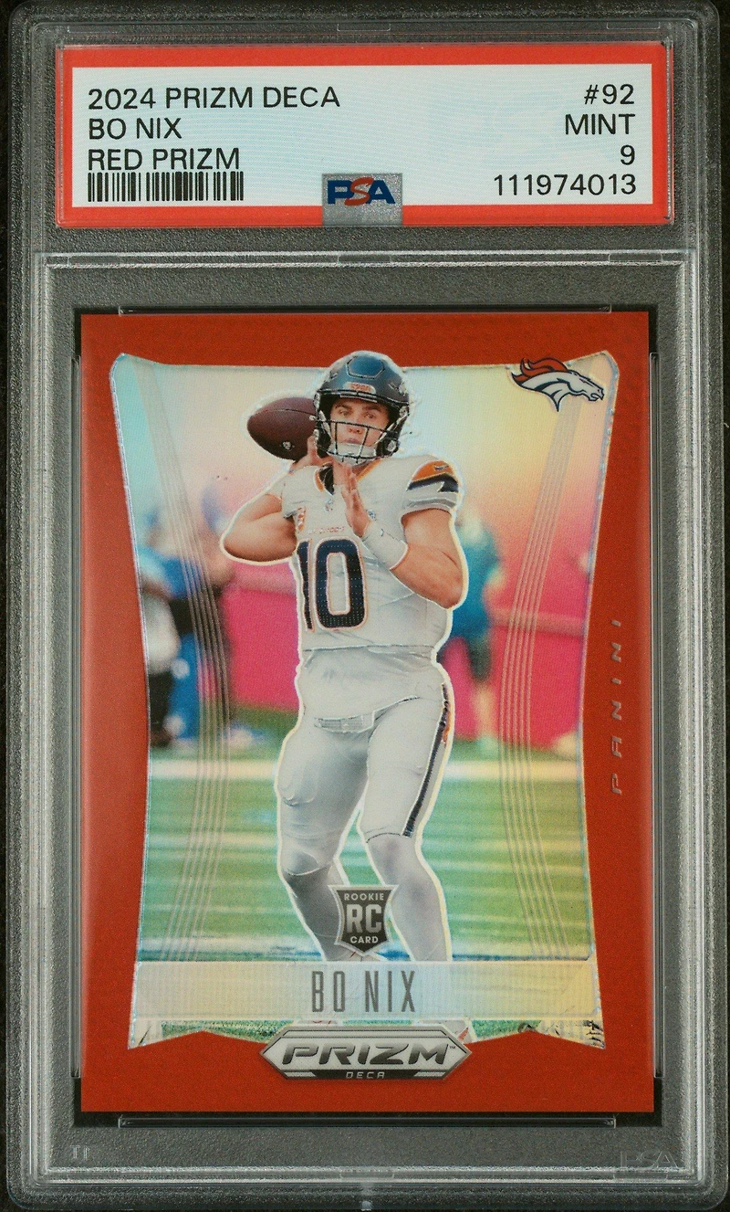 2024 Panini Prizm Deca 92 Bo Nix Red Prizm PSA 9