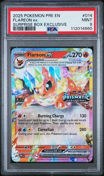 2025 Pokemon Pre En-prismatic Evolutions 014 Flareon Ex Surprise Box Exclusive PSA