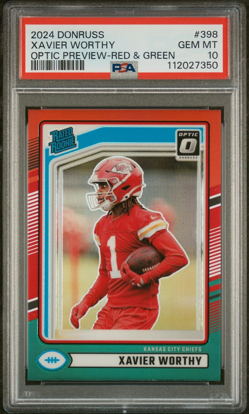 2024 Panini Donruss 398 Xavier Worthy Optic Preview-red & Green PSA 10