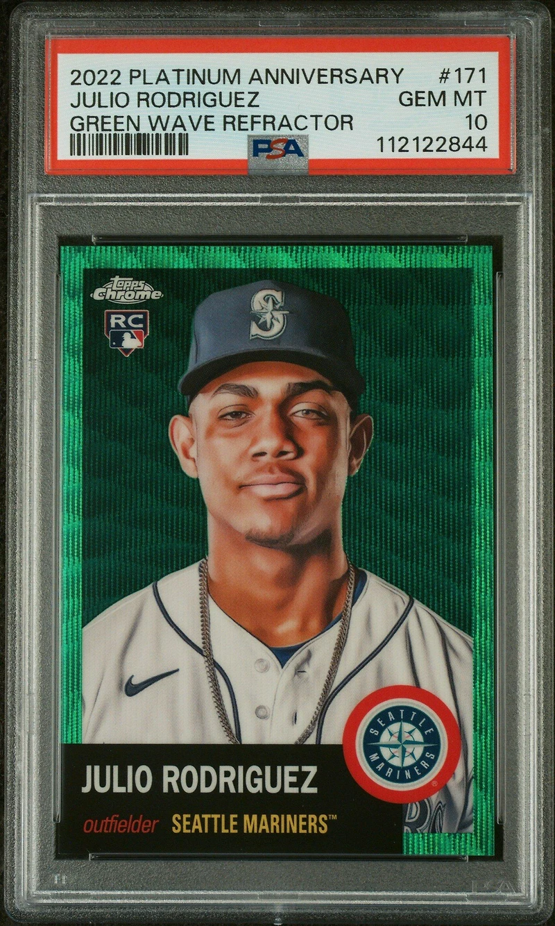 2022 Topps Chrome Platinum Anniversary 171 Julio Rodriguez Green Wave Refractor PSA 10