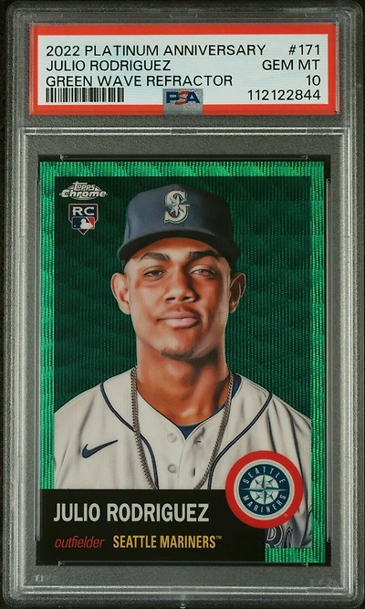 2022 Topps Chrome Platinum Anniversary 171 Julio Rodriguez Green Wave Refractor PSA 10