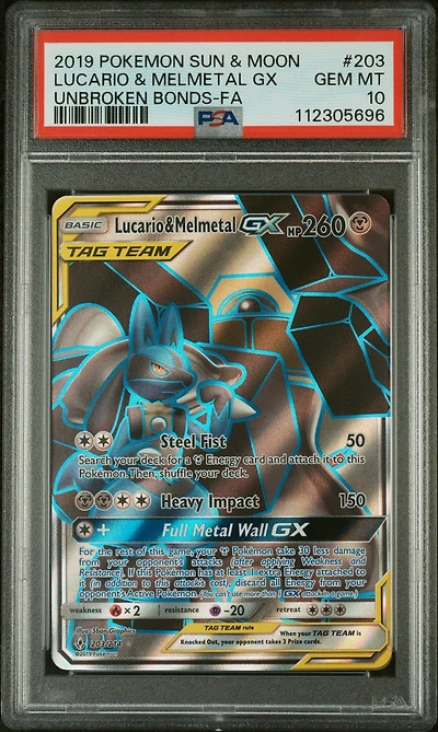 2019 Pokemon Sun & Moon Unbroken Bonds 203 Full Art/lucario & Melmetal Gx PSA 10
