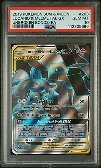 2019 Pokemon Sun & Moon Unbroken Bonds 203 Full Art/lucario & Melmetal Gx PSA 10