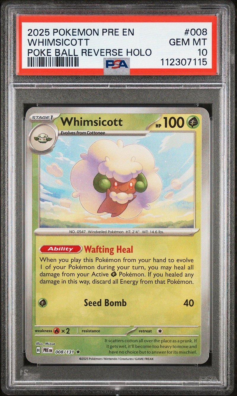 2025 Pokemon Pre En-prismatic Evolutions 008 Whimsicott Poke Ball Reverse Holo PSA 10