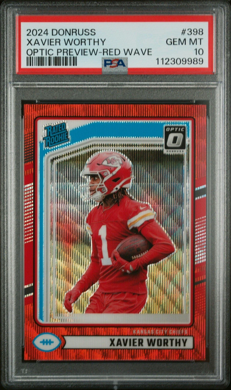 2024 Panini Donruss 398 Xavier Worthy Optic Preview-red Wave PSA 10