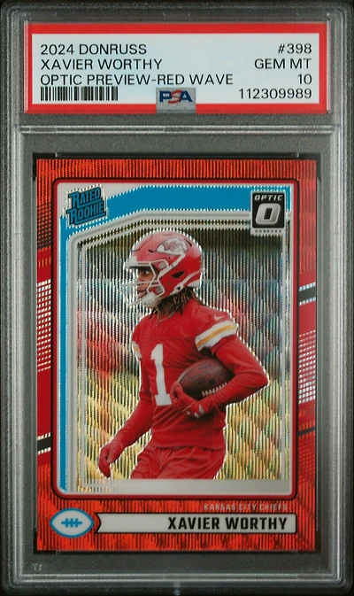 2024 Panini Donruss 398 Xavier Worthy Optic Preview-red Wave PSA 10