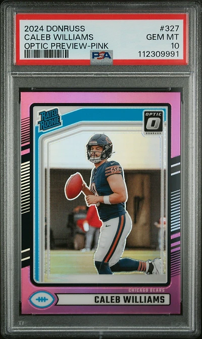 2024 Panini Donruss 327 Caleb Williams Optic Preview-pink PSA 10