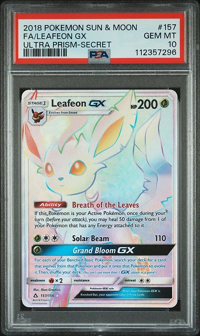 2018 Pokemon Sun & Moon Ultra Prism 157 Full Art/leafeon Gx Secret PSA