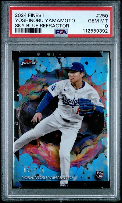 2024 Topps Finest 250 Yoshinobu Yamamoto Sky Blue Refractor PSA 10