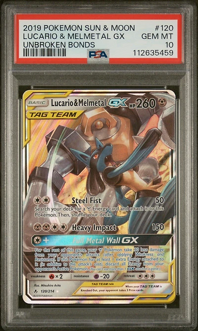 2019 Pokemon Sun & Moon Unbroken Bonds 120 Lucario & Melmetal Gx PSA