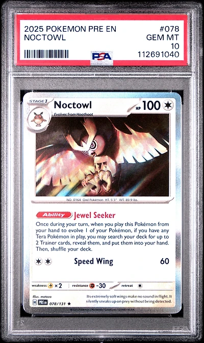 2025 Pokemon Pre En-prismatic Evolutions 078 Noctowl PSA 10