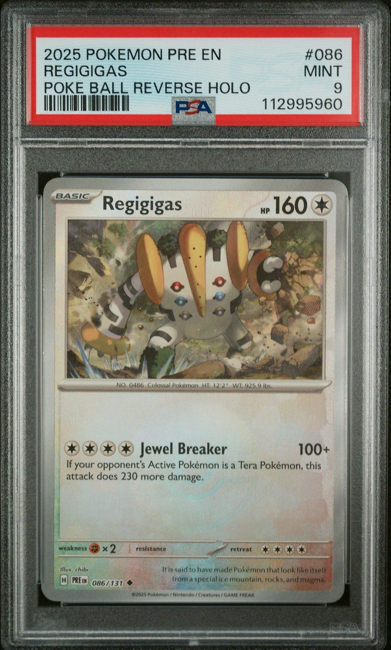 2025 Pokemon Pre En-prismatic Evolutions 086 Regigigas Poke Ball Reverse Holo PSA 9