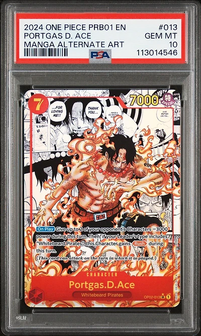 2024 One Piece Prb01-premium Booster -one Piece Card The Best- 013 Portgas D. Ace Manga Alternate Art PSA 10