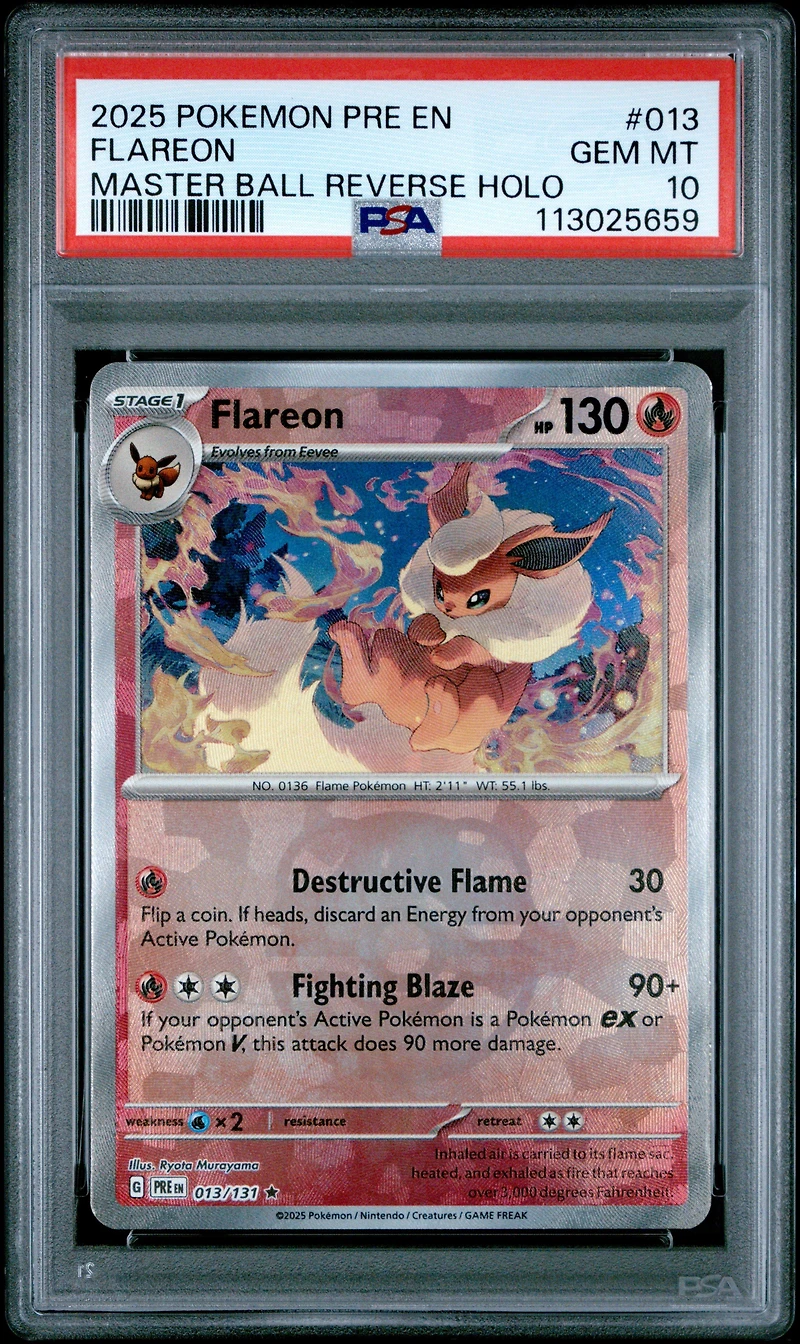 2025 Pokemon Pre En-prismatic Evolutions 013 Flareon Master Ball Reverse Holo PSA 10