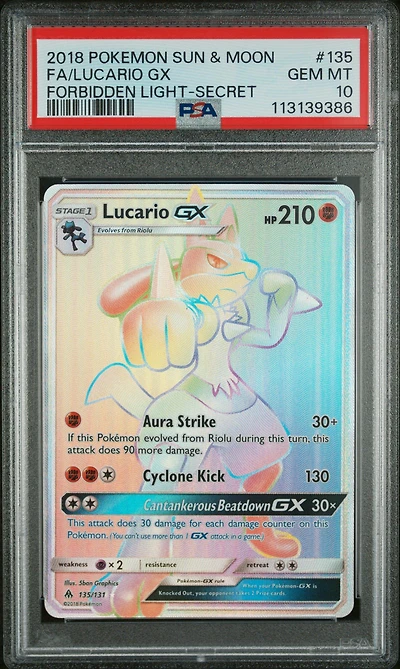 2018 Pokemon Sun & Moon Forbidden Light 135 Full Art/lucario Gx Secret PSA