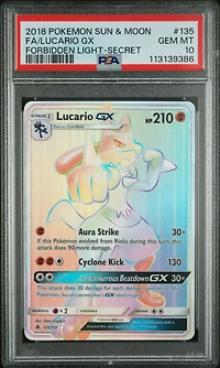 2018 Pokemon Sun & Moon Forbidden Light 135 Full Art/lucario Gx Secret PSA