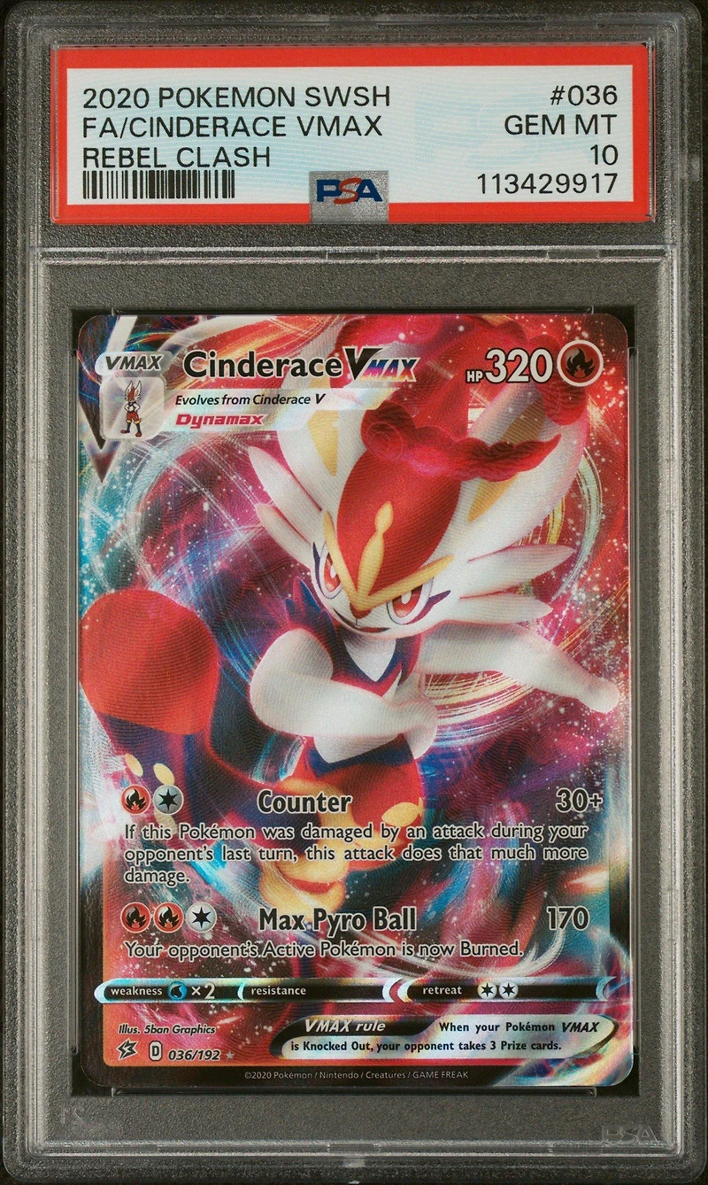 2020 Pokemon Sword & Shield Rebel Clash 036 Full Art/cinderace Vmax PSA 10