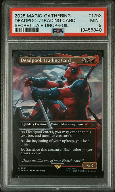 2025 Magic The Gathering Secret Lair Drop 1753 Deadpool, Trading Card Marvel's Deadpool-foil PSA 9