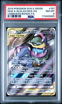 2019 Pokemon Sun & Moon Unbroken Bonds 197 Full Art/muk & Alolan Muk Gx PSA