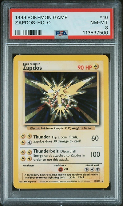 1999 Pokemon Game 16 Zapdos-holo PSA 8