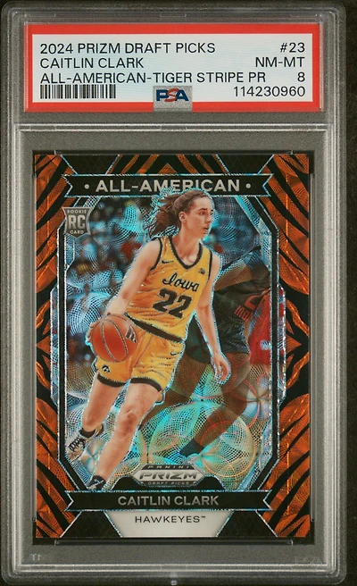 2024 Panini Prizm Draft Picks All-american 23 Caitlin Clark Tiger Stripe Prizm PSA 8