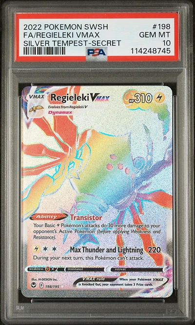 2022 Pokemon Sword & Shield Silver Tempest 198 Full Art/regieleki Vmax Secret PSA 10