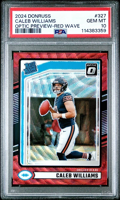 2024 Panini Donruss 327 Caleb Williams Optic Preview-red Wave PSA 10