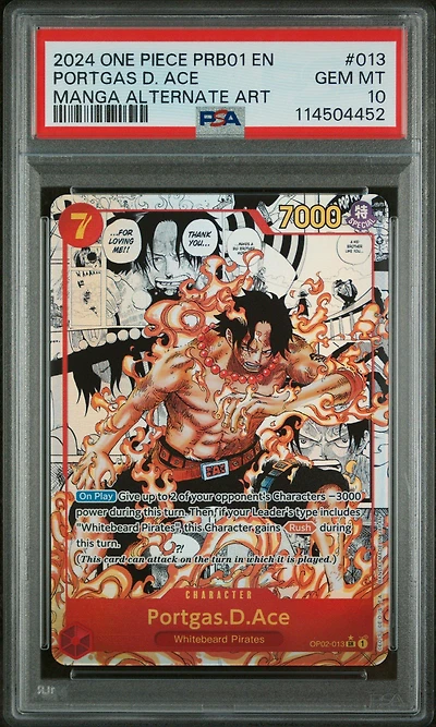 2024 One Piece Prb01-premium Booster -one Piece Card The Best- 013 Portgas D. Ace Manga Alternate Art PSA 10