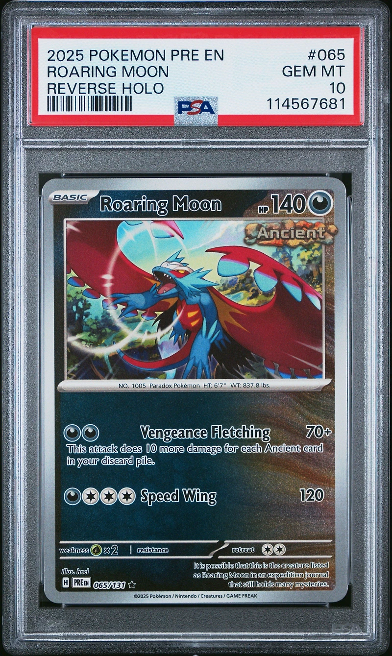 2025 Pokemon Pre En-prismatic Evolutions 065 Roaring Moon Reverse Holo PSA 10