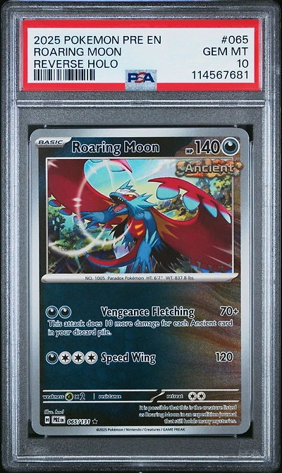 2025 Pokemon Pre En-prismatic Evolutions 065 Roaring Moon Reverse Holo PSA 10