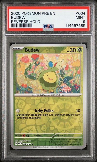 2025 Pokemon Pre En-prismatic Evolutions 004 Budew Reverse Holo PSA 9
