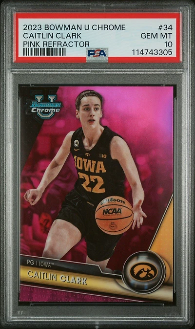 2023 Bowman University Chrome 34 Caitlin Clark Pink Refractor PSA 10